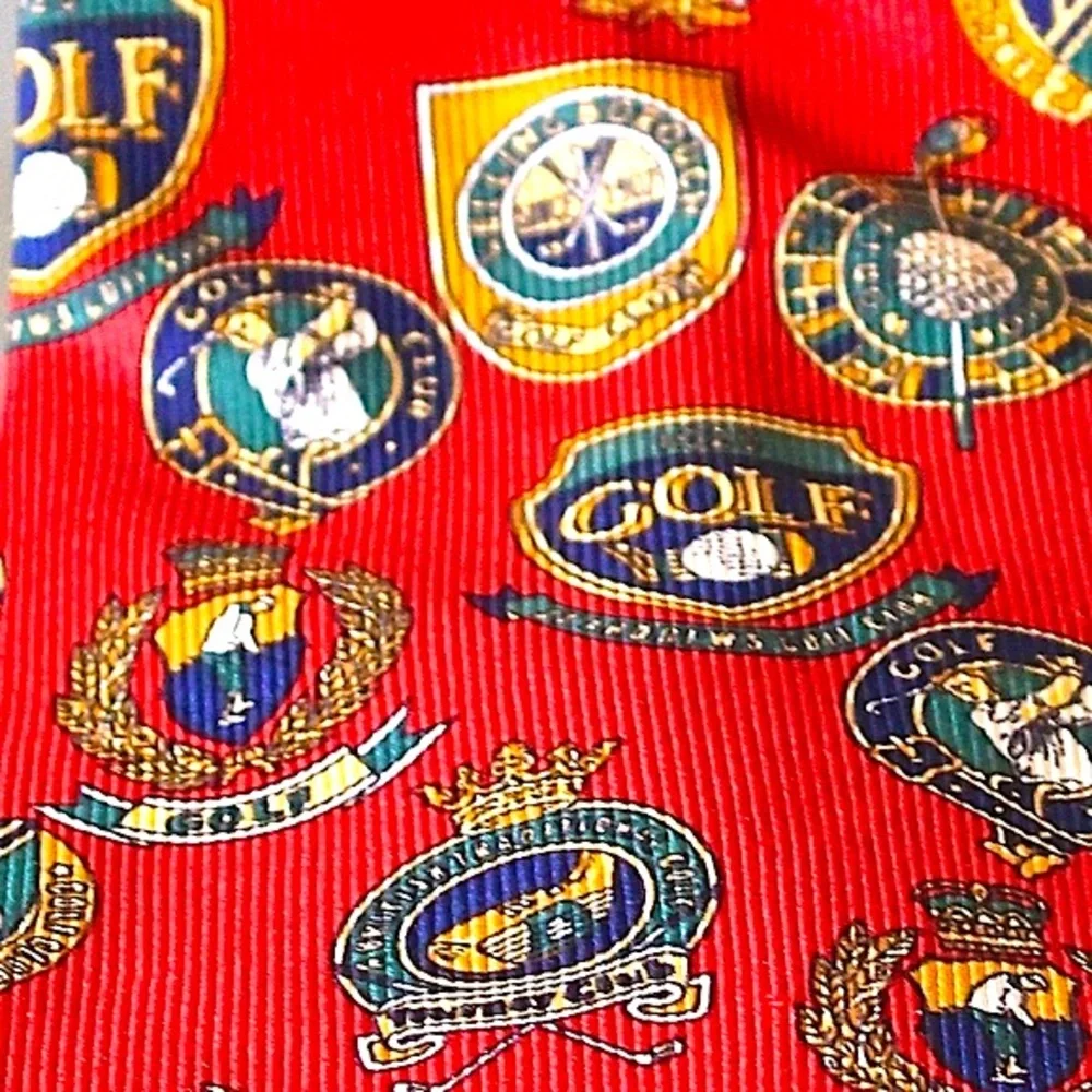 FACCONABLE MENS TIE RED 100% SILK MADE IN FRANCE GOLF GOLD GREEN VINTAGE